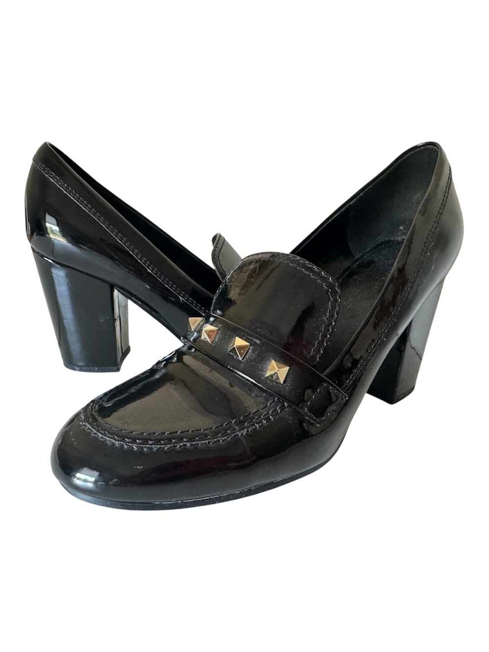 Marc Fisher Black Patent Studded Block Heel Loafers Pumps Size 9